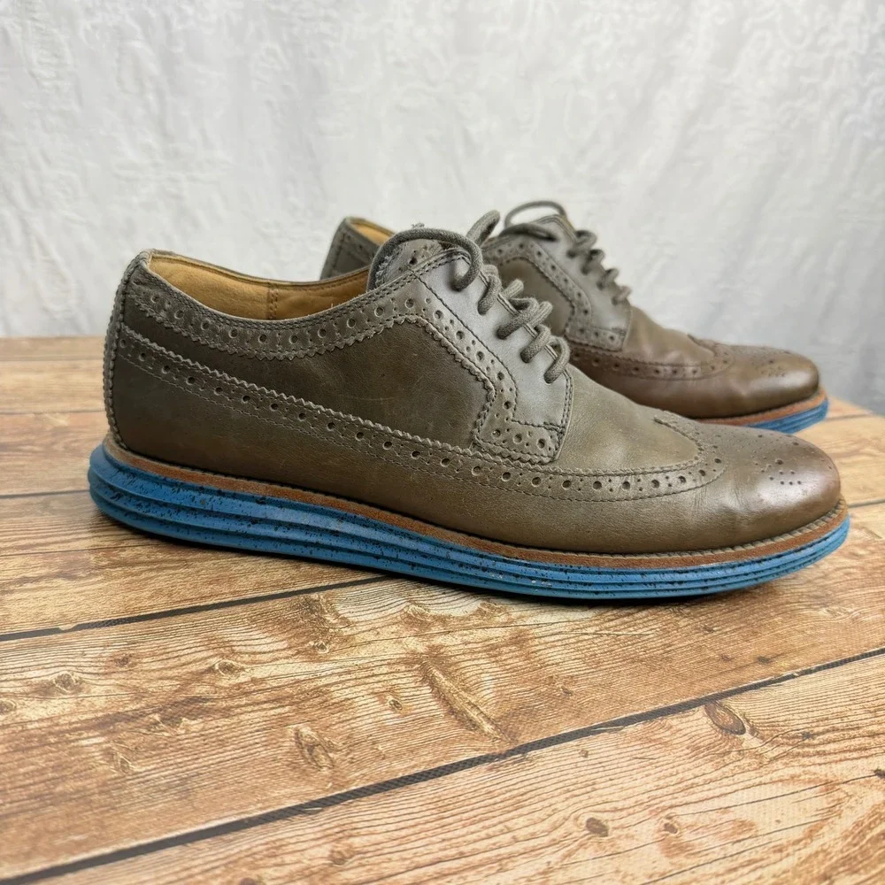 Cole Haan Mens 10 Brown Leather Lunargrand Wingtip Oxford Blue Sole Quiet Luxury